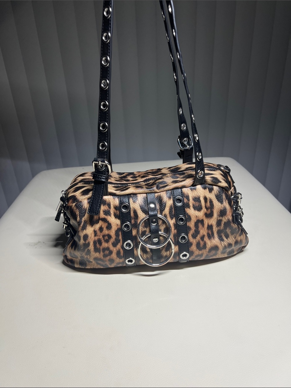 Leopard Print Shoulder Bag with Studded Straps